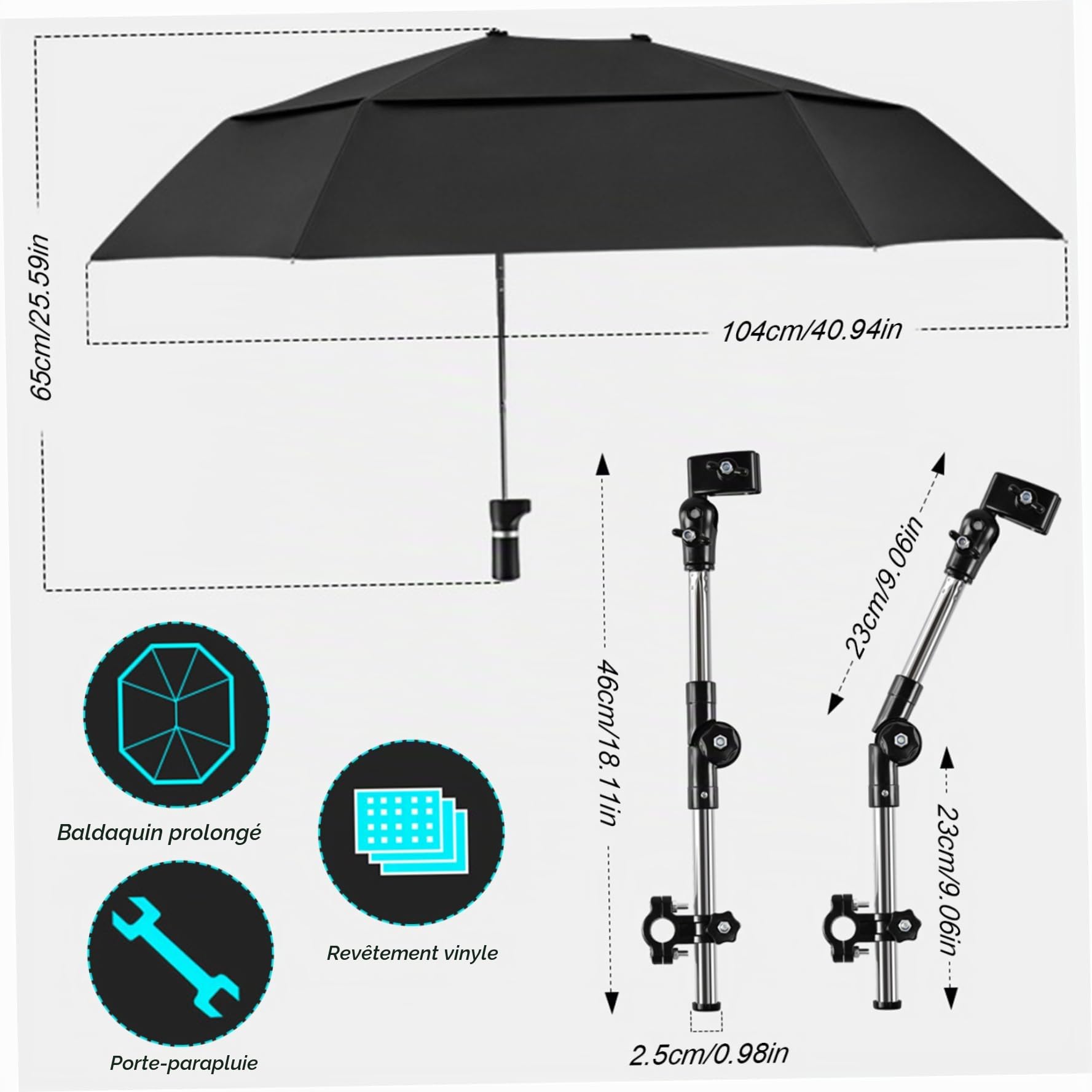 Parapluie de chaise avec casse-plume réglable Plume/protection UV parapluie de fauteuil roulant 40, 9 Parasol à double face étendue pour la poussette Pram Bike Beach Chaies Bleacher