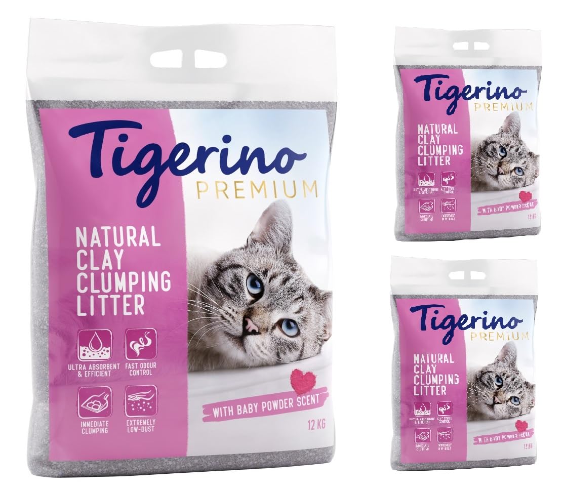 Tigerino Canada Clumping Clay Cat Litter Baby Powder Fragrance 3X12KG Scented Antibacterial Disposable And Hypoallergenic Hygiene Litter With Smell Control Formula