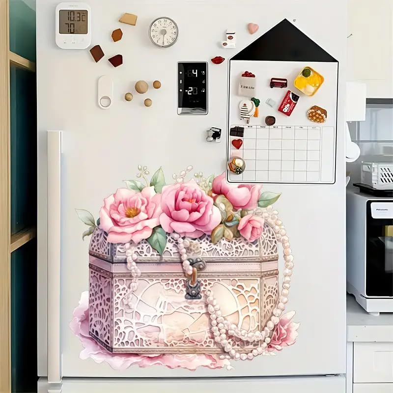 Treasure Box Rose Treasure Box Rose Series Pattern Toilet Cover Sticker Decals,Fish Bird Flower Leaf Waterproof Toilet Lid Tank Seat Decals Cistern Self-Adhesive Bathroom Wall Sticker
