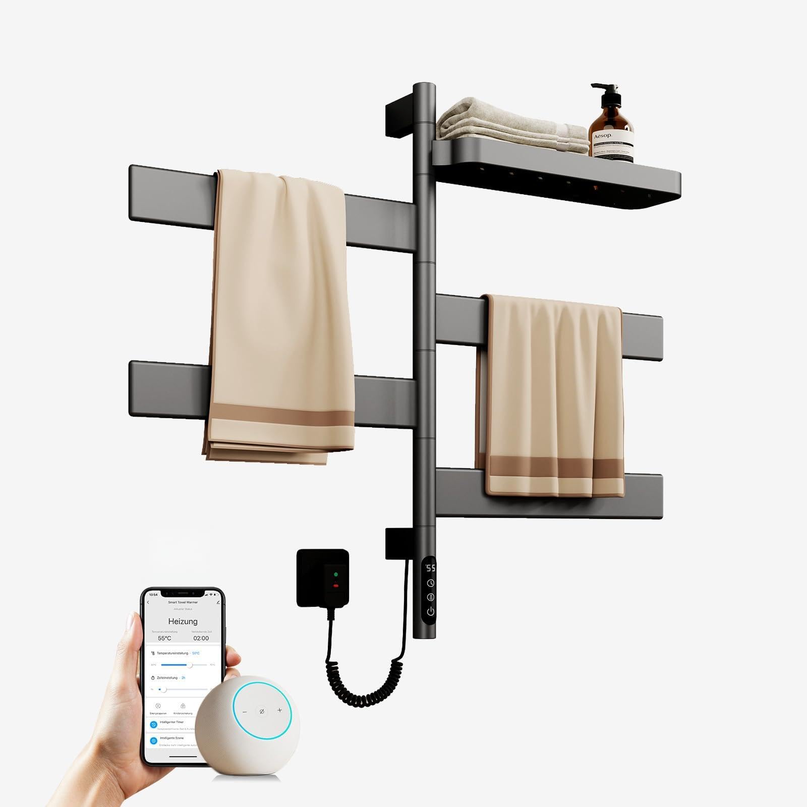 EMKE Elektrischer Badheizkörper 769x450 mm, 180° schwenkbarer Handtuchwärmer mit WiFi-App-Steuerung, Flacher Handtuchheizkörper mit Thermostat & Timer, 120 Watt, IP45, Grau