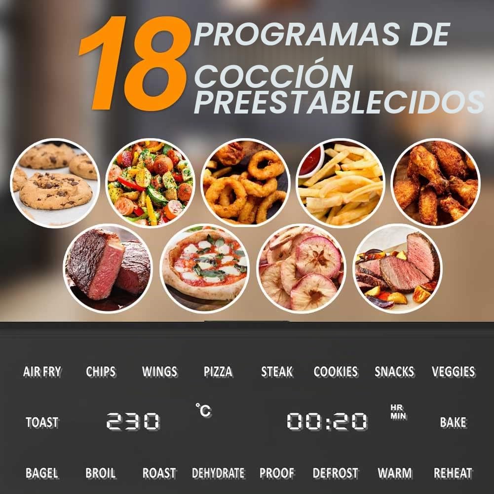 Bakaji Horno freidora de aire caliente, capacidad de 30 litros, 1800 W, freidora seca sin aceite, con pantalla táctil, 18 programas, función de doble cocción, temporizador, regulación de temperatura,