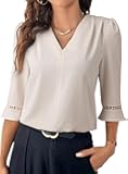 Women's 3/4 Sleeve Tops Dressy Casual Pleated V Neck Business Work Blouses Office Shirts
