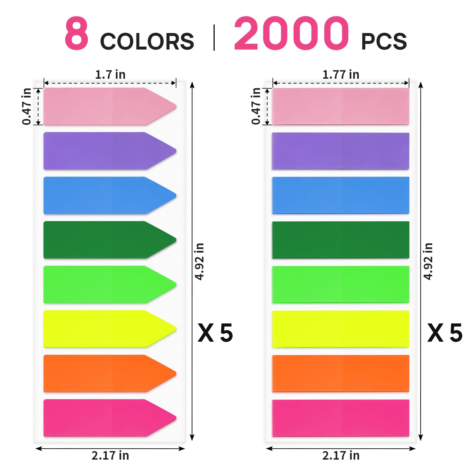 2000 Stück Seitenmarkierungen, helle Klebe-Tabs, durchscheinende Pfeilflaggen für Anmerkungen von Büchern, fluoreszierende Index-Tab-Aufkleber für Notizbücher, Lehrbücher, glänzendes Papier