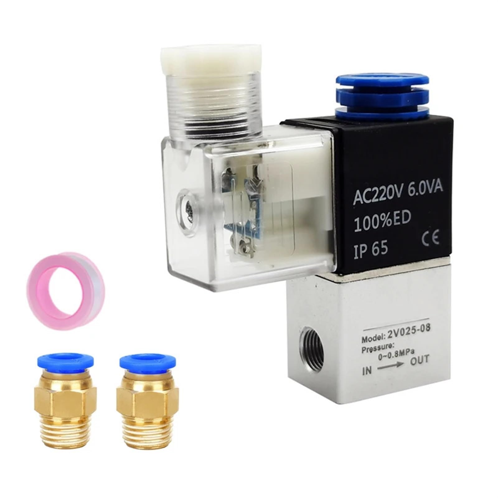 Sterowanie pneumatyczne zawory elektromagnetyczne NC 2V025-08 2 pozycje 2 porty 1/10.2 cm normalnie zamknięty DC12V 24V AC110V 220V (2V025-08 i PC12-02, AC220V)