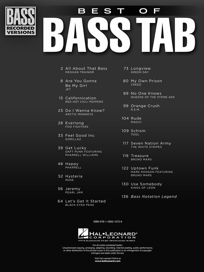 Best of Bass Tab | 21 Rock Pop Hits Bass Recorded Versions Original Transkriptionen Songbook | Seven Nation Army Uptown Funk Californication | Hal Leonard TAB Noten Anfänger-Fortgeschritten Bassist