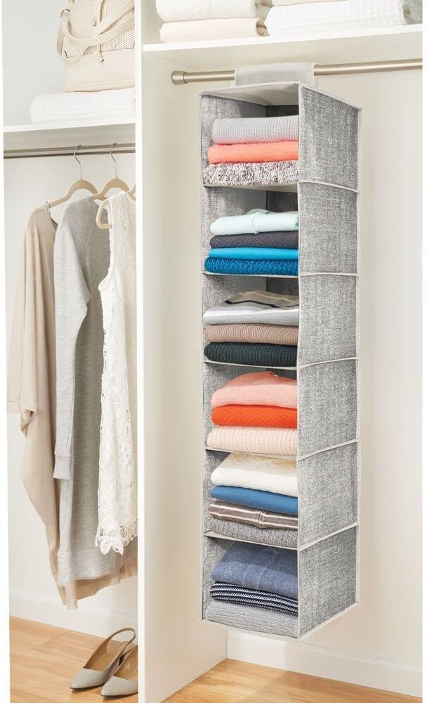 mDesign Long Soft Fabric Over Closet Rod Hanging Storage Organizer with 6 Shelves for Clothes, Leggings, Lingerie, T Shirts - Textured Print with Solid Trim, 2 Pack - Charcoal Gray