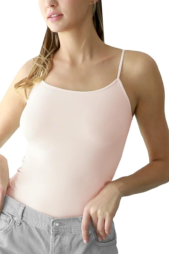 Light blush pink camisole tank top for layering in feminine boho outfit