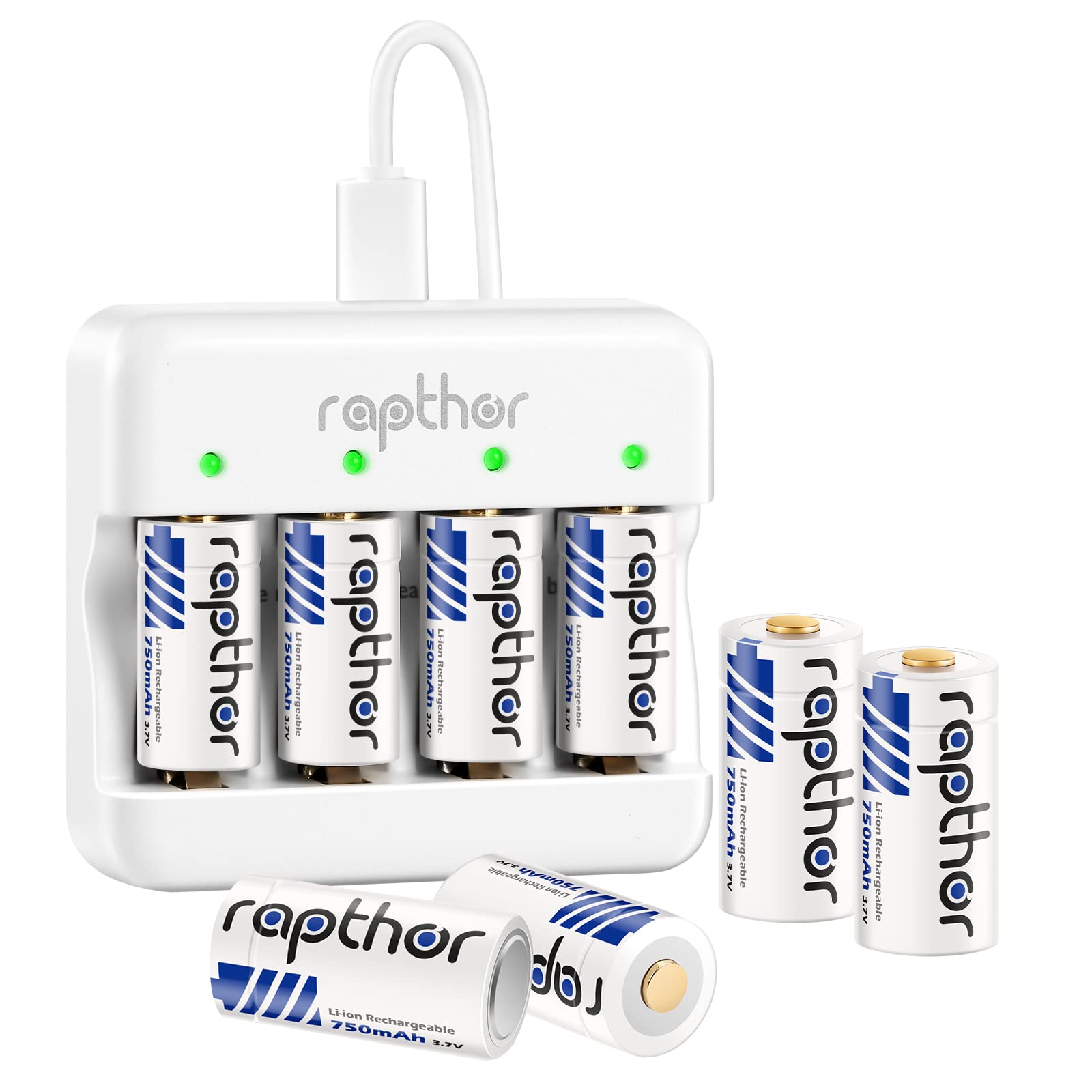 Rapthor wiederaufladbare Batterien 8 Stück 750mAh 3.7V mit Schnellladegerät Lithium-Batterien Kompatibel mit Arlo Kamera VMC3030/VMK3200/VMS3330 Taschenlampen intelligente Sensoren Alarm