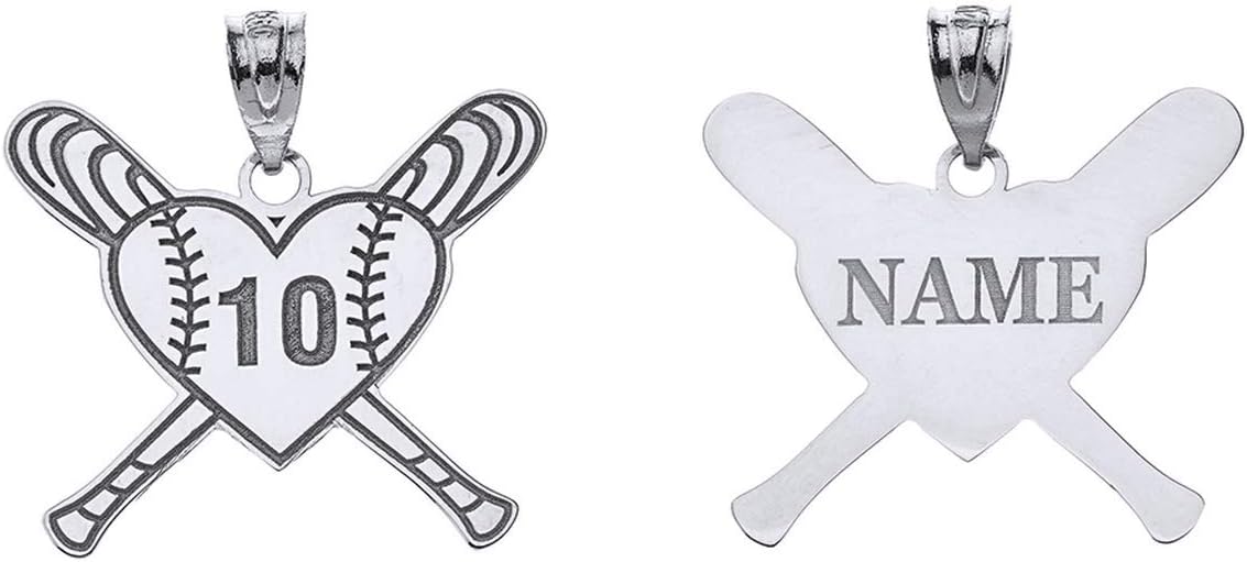 スターリングシルバー製ベースボールハート クロスベースボールバット ペンダント 名前と番号付き