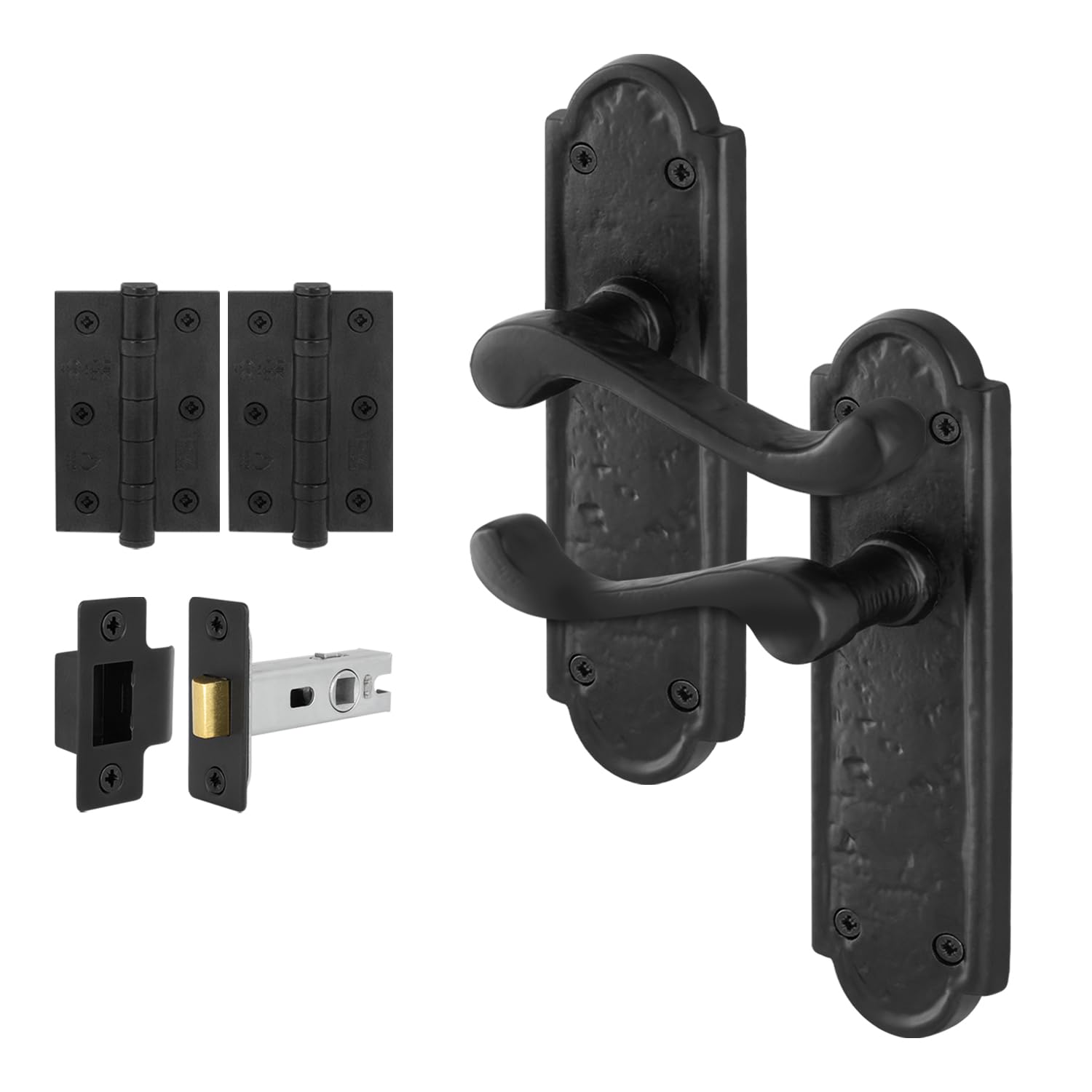 EAI Black Antique Door Handles Bathroom, 1 Pair of Cast Iron Scroll Shaped Backplate Internal and External Handles, Alton