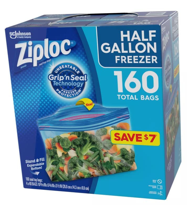 Ziploc Freezer Half gallon Freezer Grip N' Seal Technology Tabs 4 X 40 Bags Netcount 160 Bags, 160Count