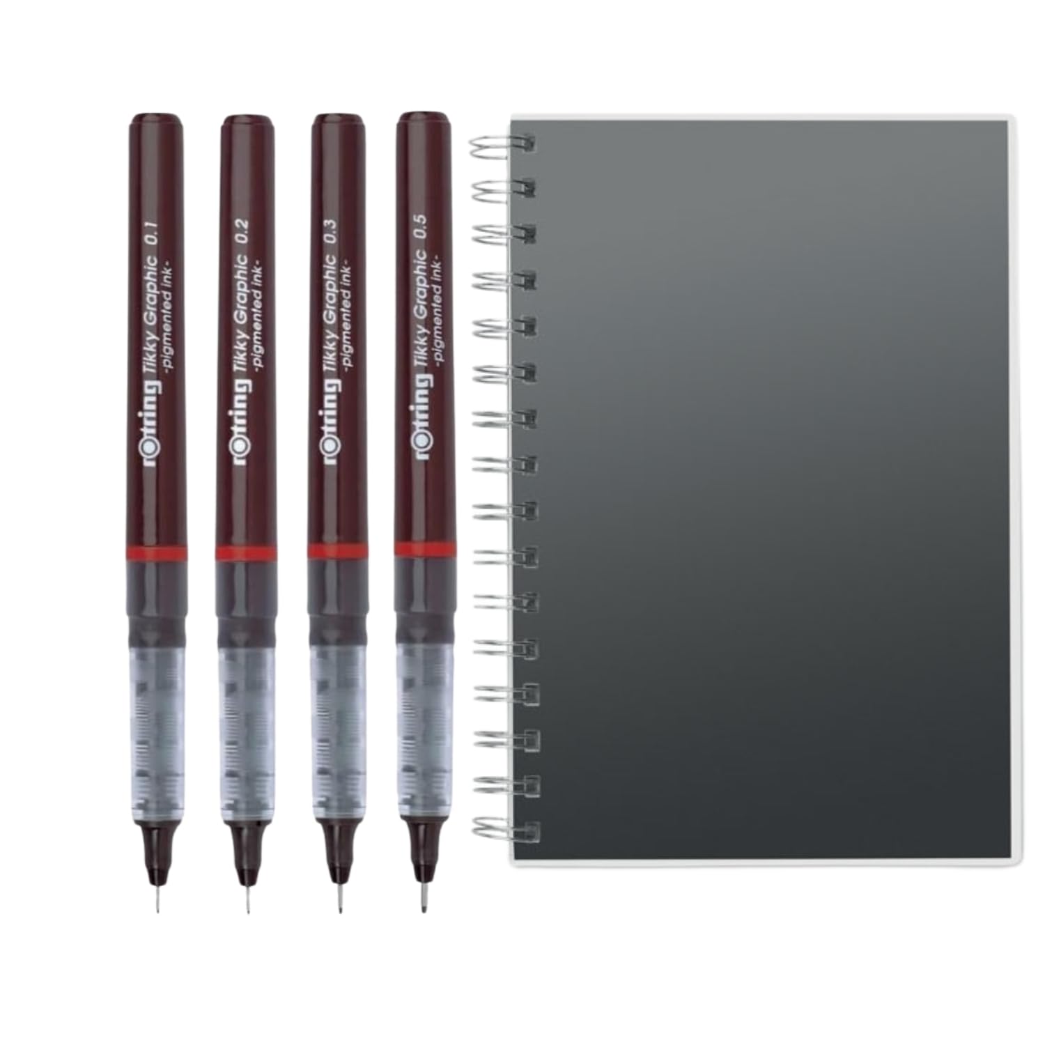 rOtring Tikky Graphic Fineliner Pen with four different thicknesses, Black Ink, 4 Count + Spiral Notebook A5
