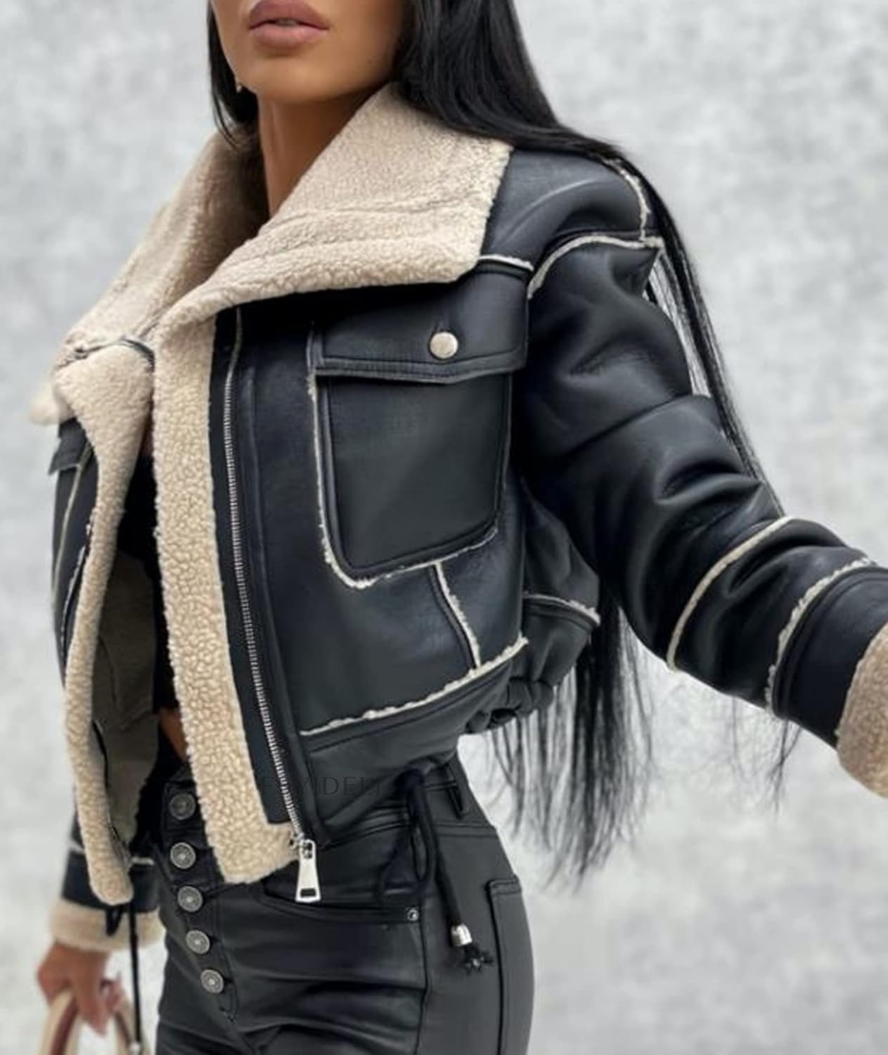 Chaqueta de Bombardero de Moto de Corte sintético para Mujer Abrigo Forrado de Sherpa Abrigo de Cuero de Aviador de Invierno Prendas de Abrigo