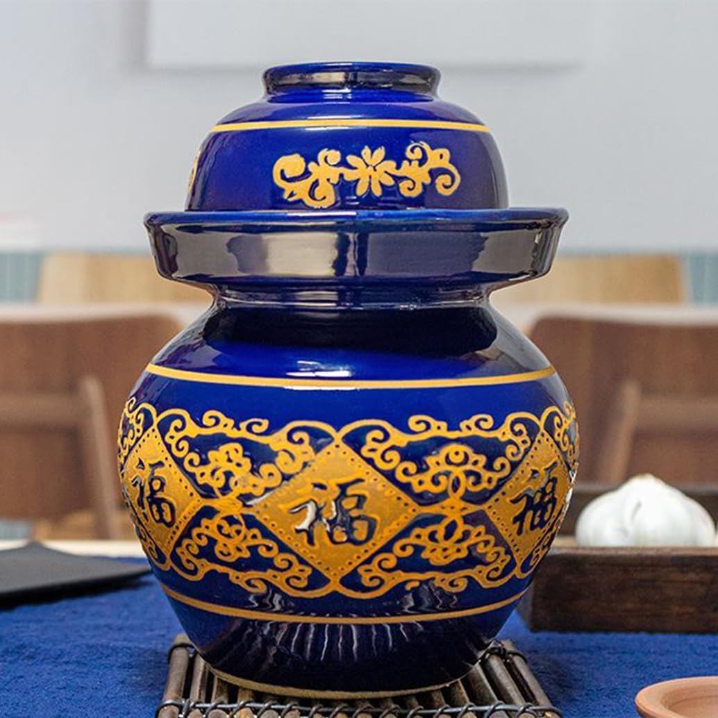 Blue Traditional Chinese Porcelain Pickle Jar,Ceramic Fermentation Crock Pickling Pot,Ceramic Fermenting Jar with Water Seal Airlock Lid Stoneware Fermenter 2kg