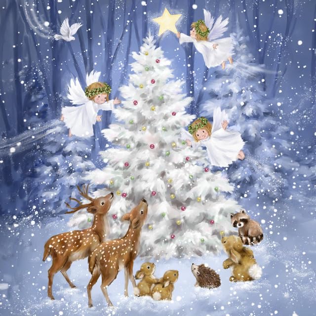 20 Tovaglioli Natalizi Con Angelo E Albero D'oro – 33x33 Cm, 3 Strati, Prodotto In Germania, Ideali Per Decorazione Tavola E Decoupage Fai Da Te