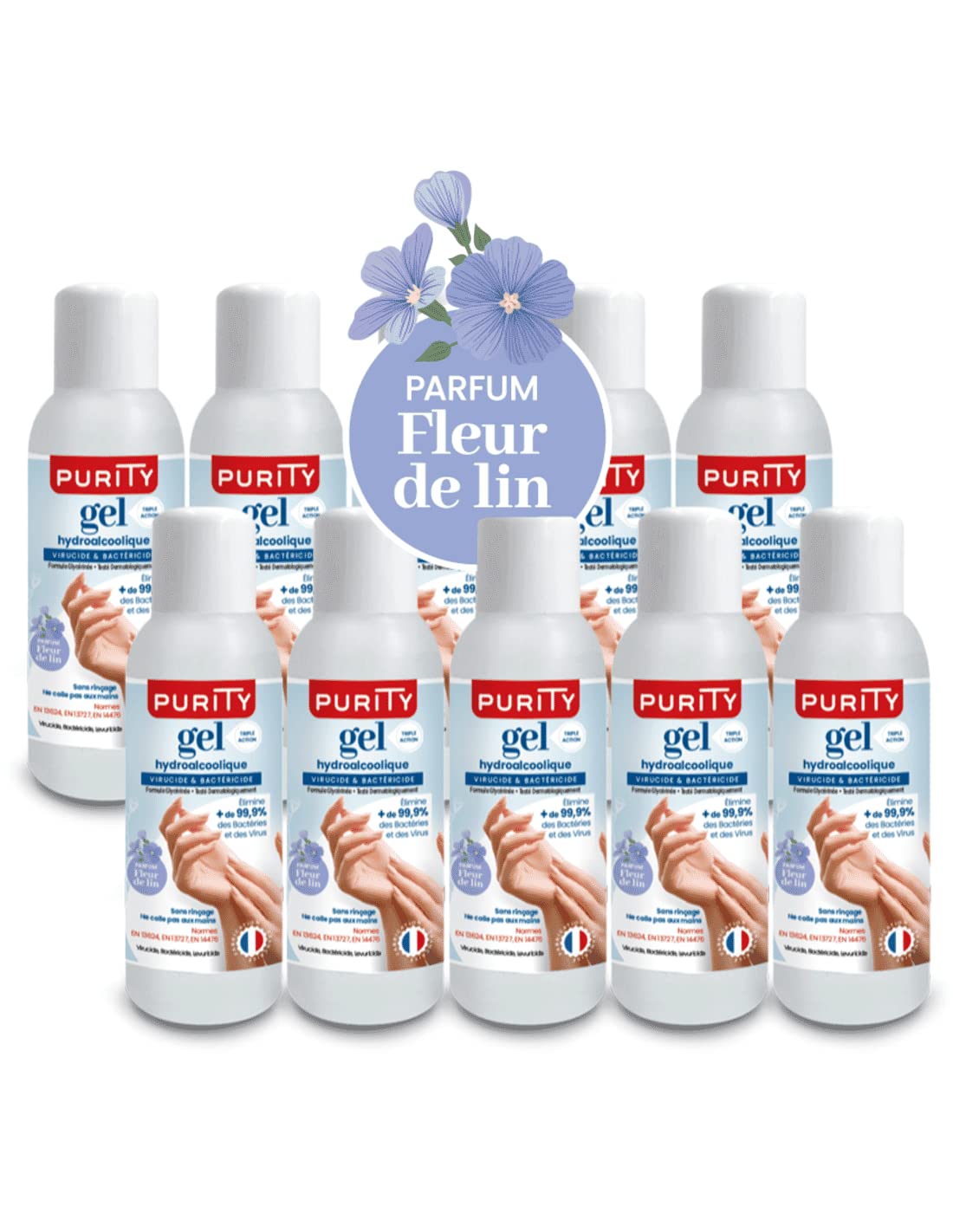 10 Mini-flacons de 100ml - Gel Hydroalcoolique Purity 703 - Parfum Fleur de Lin