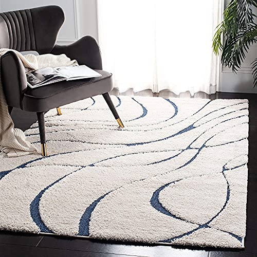 Image of Geometric Wave Shaggy Rectangular Carpet For Living Room,Bedroom,High Low Design Finish Microfiber 1.8 Inch Pile High,5X7 Feet Ivory|Blue Color