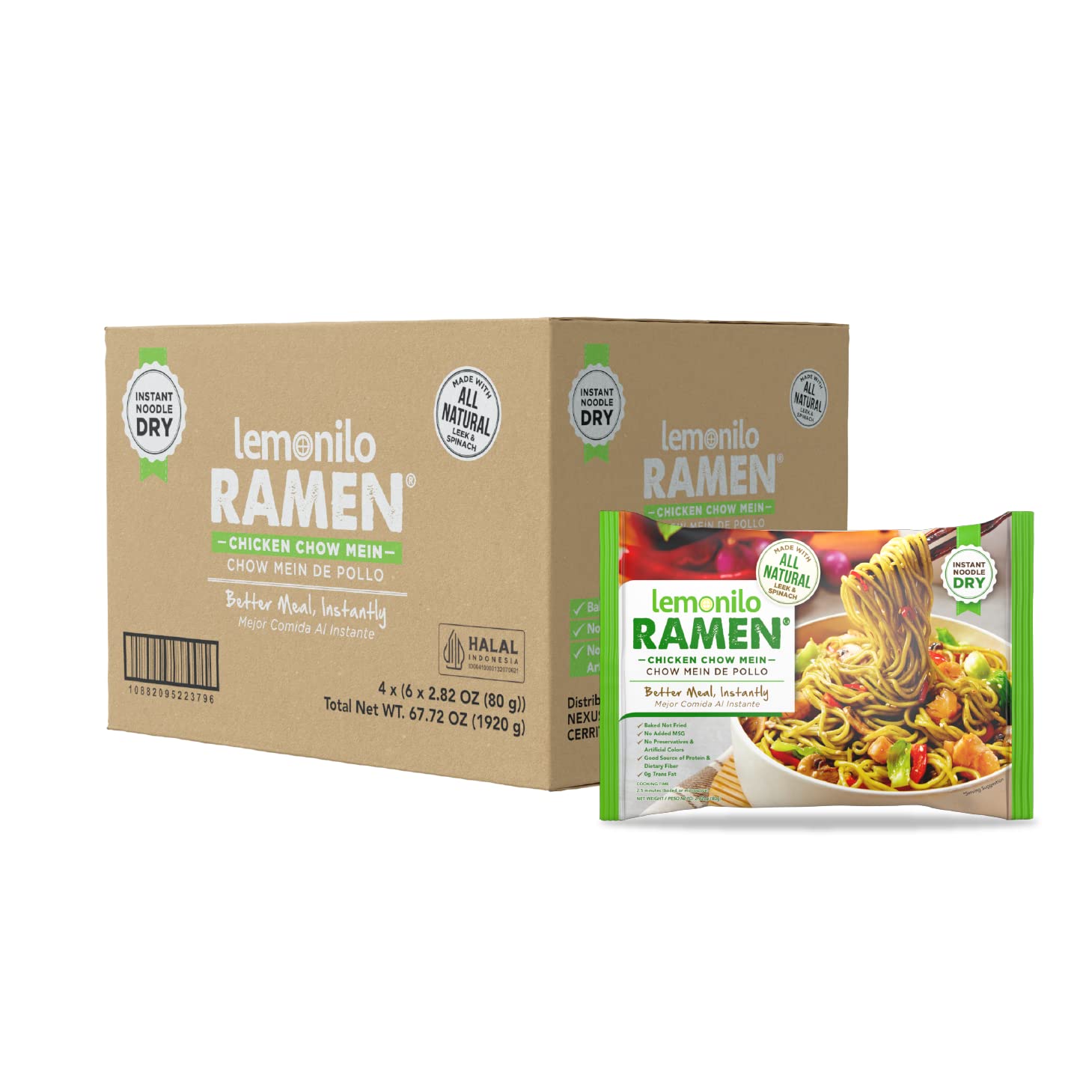 Lemonilo Ramen - Chick'n Chow Mein - Healthy Instant Ramen - Oven Baked Noodles with Spinach and Leek - Made with All-Natural Ingredients - Quick Meal Kit (2.82 Oz) - Pack of 24