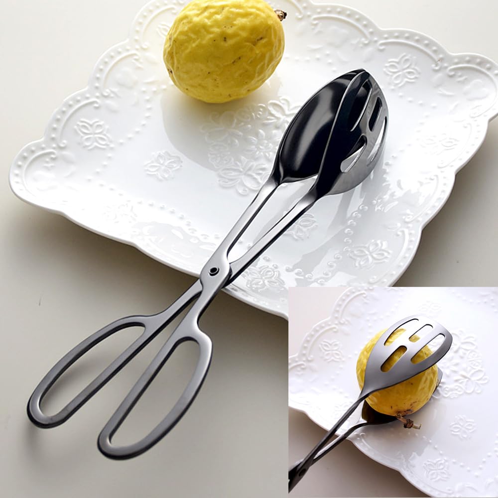 2 pinzas de ensalada de bufé para servir y cocinar, pinzas de tijeras de acero inoxidable para alimentos, utensilios de catering para pan, pasteles, hornear, filetes, barbacoa (negro)