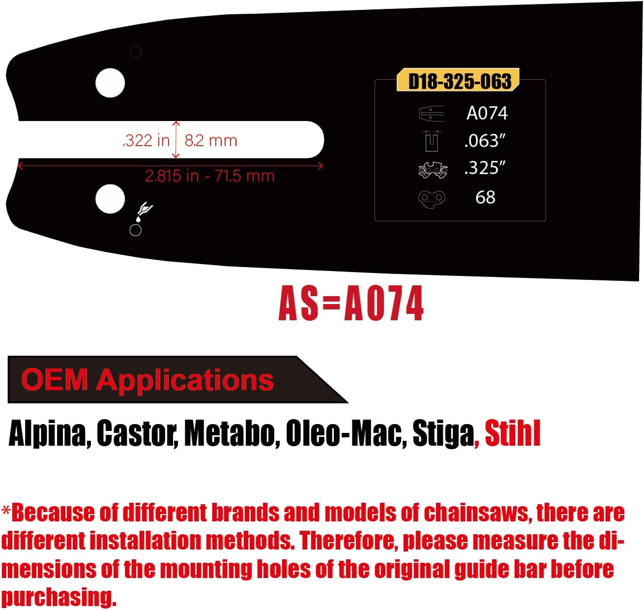 18 Inch Chainsaw Bar and Chain Combo Fit Stihl .063" Gauge .325" Pitch 68 Drive Links, Replacement Chains Fit Stihl 021 023 025 MS250 MS361 MS230 MS210 26RS 68, for Oregon L68 (3 Chains+ 1 Bar)