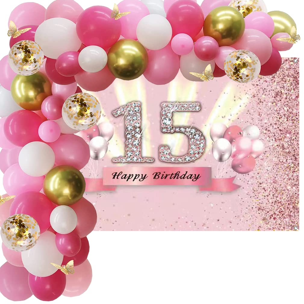Banner Di Compleanno 15 Anni Glitter Rosa - 120x80 Cm, Tessuto In Vinile Con Occhielli - 3