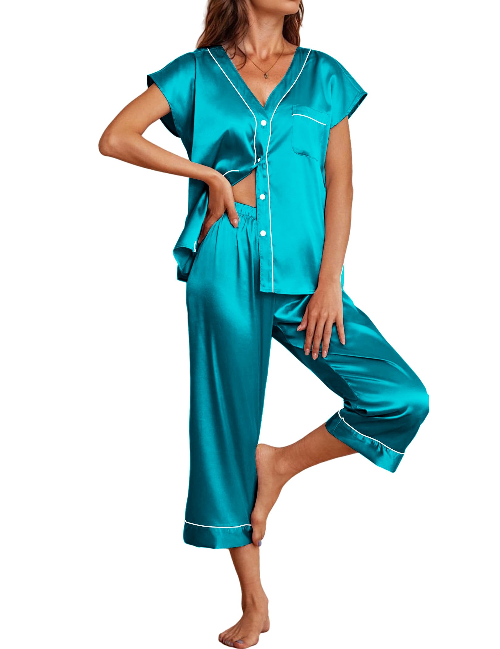 Ekouaer Satin Pajama Set Womens Short Sleeve V Neck Silky Shirt with Capri Pant Button Down PJs Soft Satin Loungewear