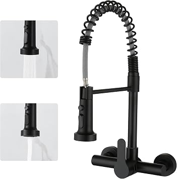 LIWEIKE Kitchen Tap Wall Mount 360  Rotation Wall Mount Kitchen Sink Mixer Tap with 2 Jet Types Pull Down Sprayer Wall Mounted Tap,Matte Black