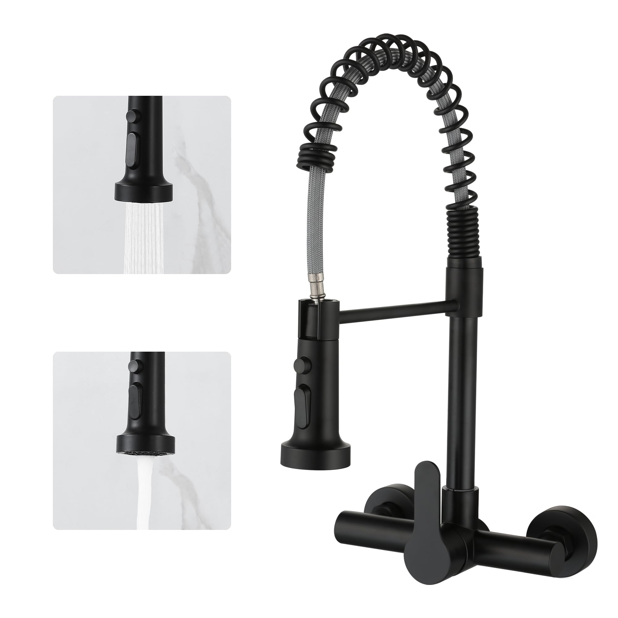 LIWEIKE Grifo de cocina de montaje en pared, rotación de 360° Grifo de cocina negro con 2 tipos de chorro Grifo de pared de montaje