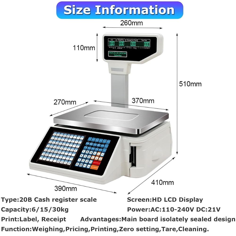 LYDZUSDP Label Printing Scale Pole Display,Double-Sided Display Price Computing Scale,Commercial Digital Counting Scales,30kg/66.14 lbs Capacity