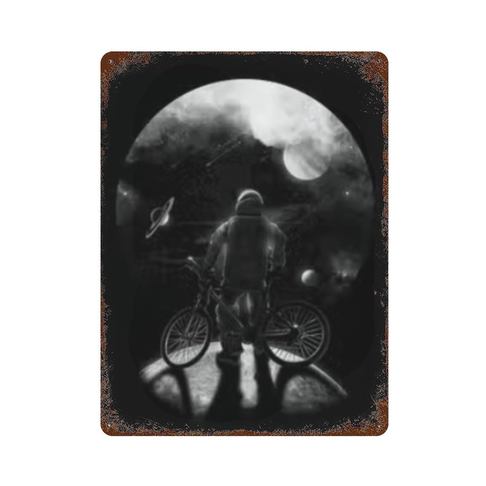 Space Adventure with Bicycle Aged Metal Wall Plaque 15.7"x11.8", Classic Wall Plaque for Garage, Pub Or Kitchen