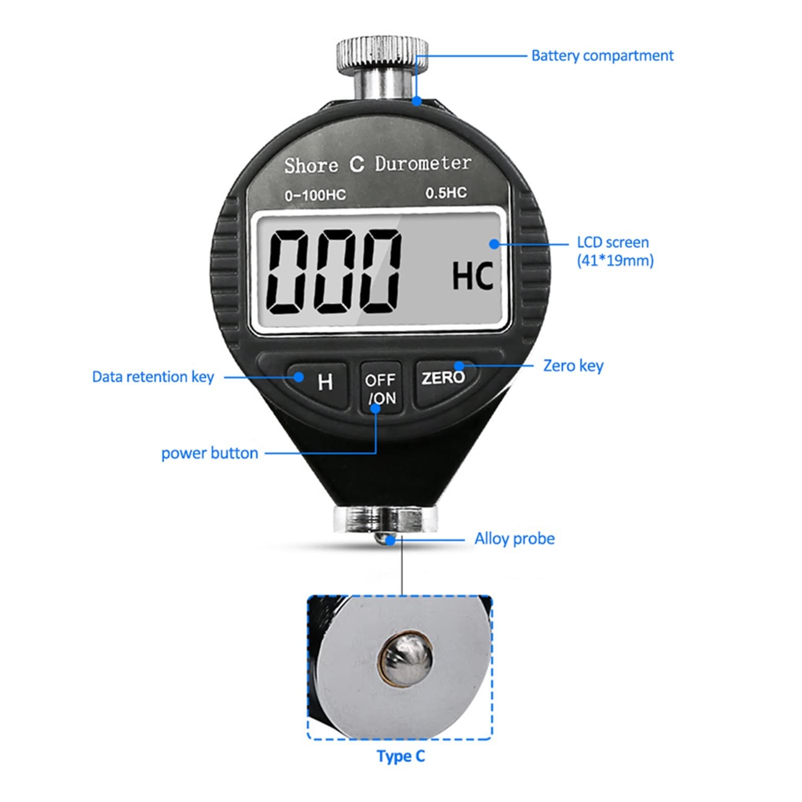 Härteprüfer, Digital Härte Durometer Tester Meter Shore 0-100 A/C D for Kunststoff-Ledergummi-Multi-Harz(0-100HC)