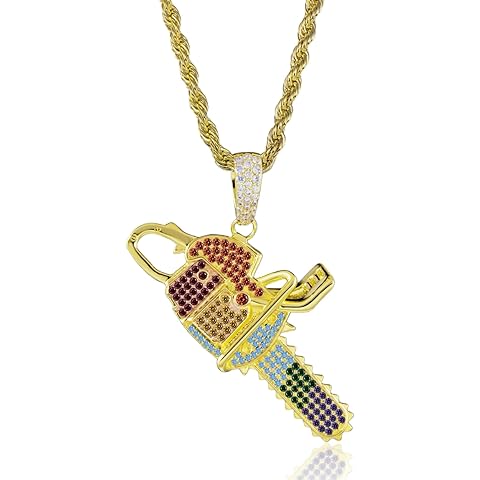 ICEDIAMOND 18K Iced Out 6-Rainbow Chainsaw Pendant Necklace, Gold Plated Shine CZ Diamond LGBTQ Pride Charm, Hip Hop Jewelry for Men & Women
