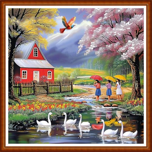 Image of Joyhoor Stamped Cross Stitch Kits for Beginners Needlepoint Kits for Adults Embroidery Kits 11CT Counted Cross Stitch Kits Printed Embroidery Pattern-Outdoor Scenery 18x18 inchs