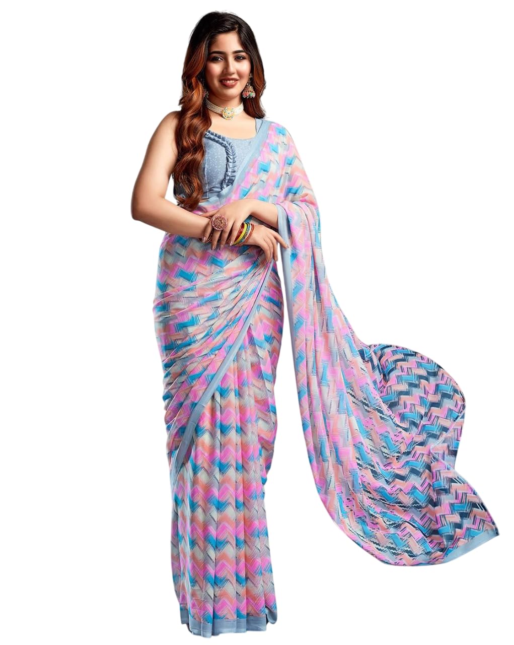 Shiv Textiles Women's Georgette Digital Printed Saree(524S102_Pink & Multi)