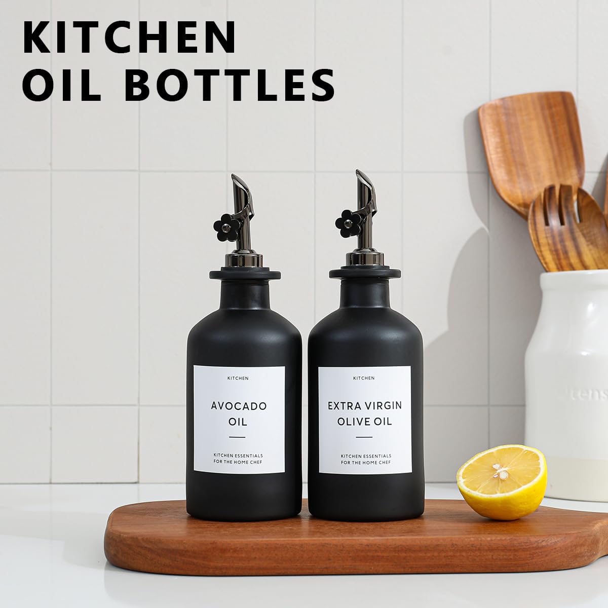 HOMCDALY Olivenölspender für die Küche, 340 ml, Glas-Küchenspenderflasche, schwarzes Öl- und Essig-Set, auslaufsichere Olivenölflaschen, 340 ml, Schwarz