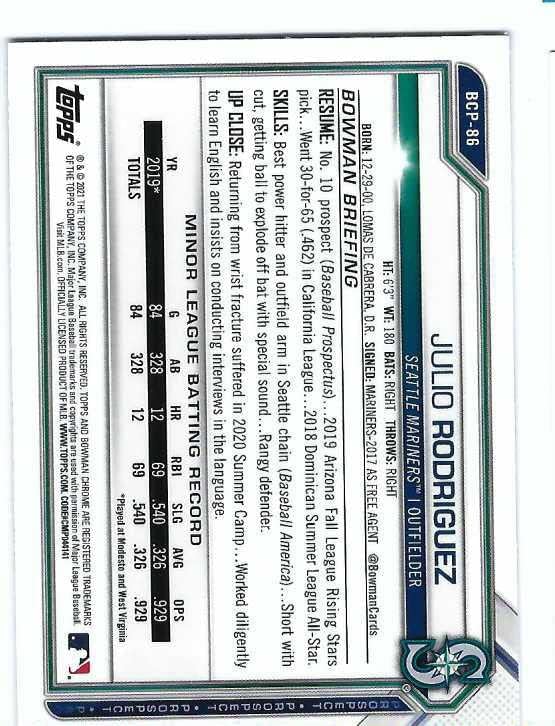 JULIO RODRIGUEZ 2021 Bowman Chrome Prospects #BCP86 Card Seattle Mariners Baseball