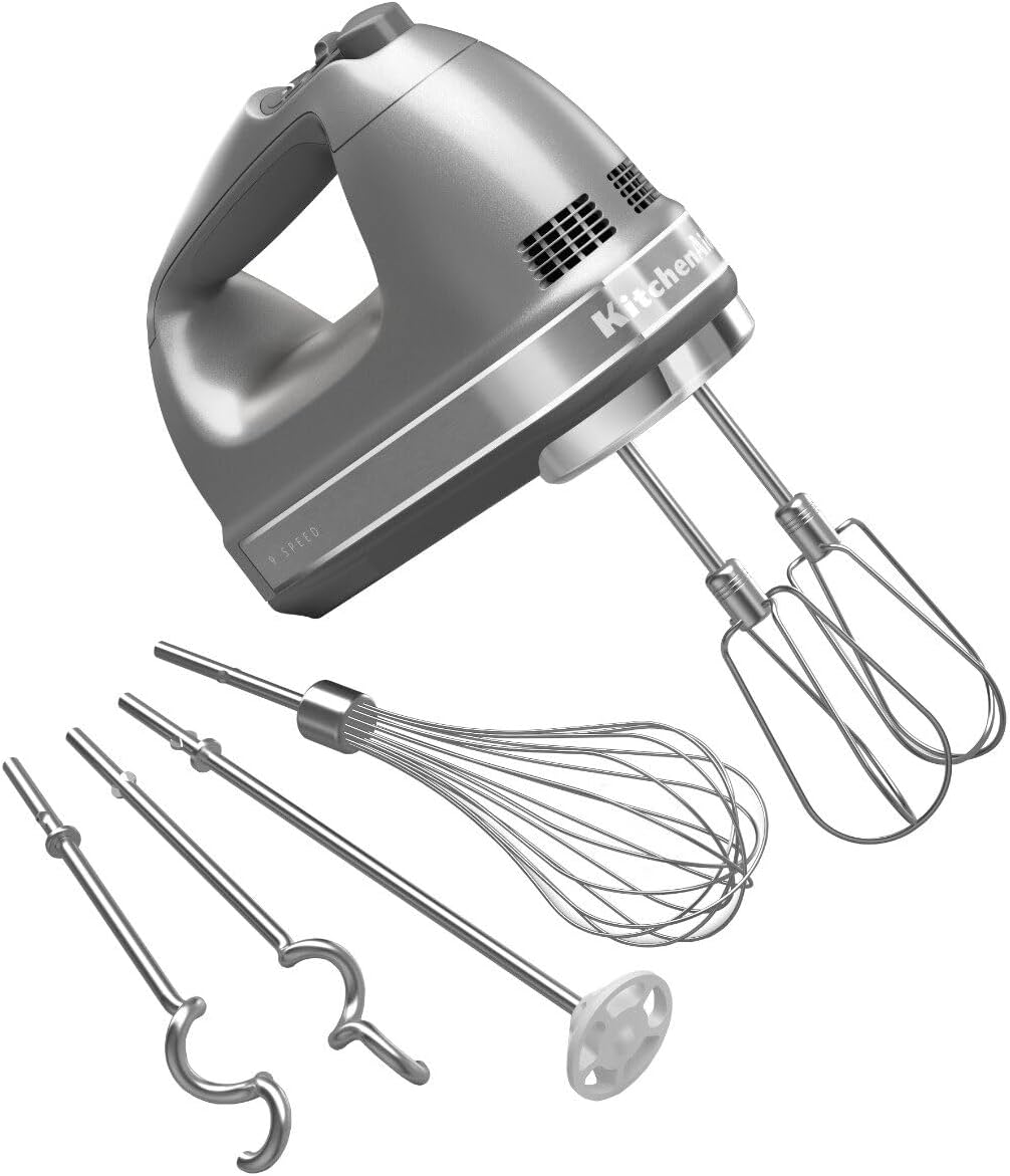 Batidora de mano KitchenAid de 9 velocidades, KHM926, Contour Silver | 9 velocidades, accesorio pro whisk, batidora Turbo II de acero inoxidable para una mezcla ideal, gancho de masa, accesorios aptos para lavavajillas