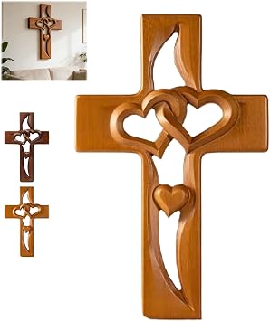 Hand-Carved Intertwined Hearts Wooden Cross, Handmade Wood with Intertwined Hearts, Marriage Cross for Wall Love Wall Decor, Hanging Hand Carved for Wedding,Natural