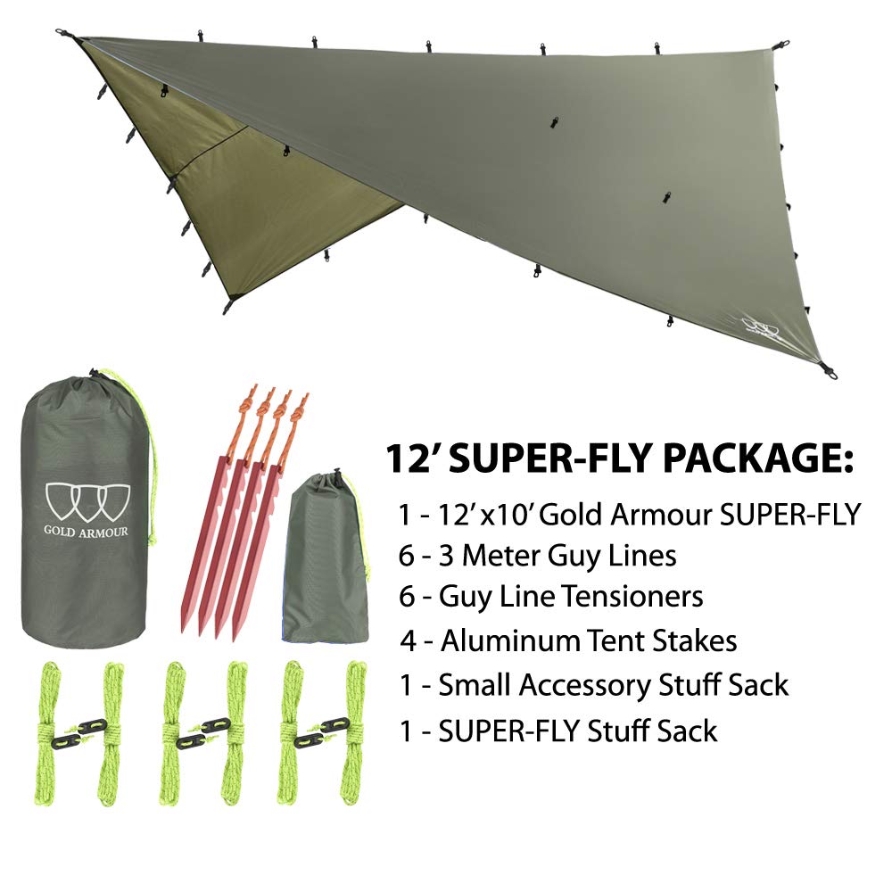 Gold Armour Wodoodporna lekka płachta biwakowa 4,5 m / 3,7 m / 3 m / 2,4 m, osłona przeciwdeszczowa do hamaka, namiotu i biwakowania, akcesorium survivalowe i kempingowe, zielona (OD Green), 3,7 x 3 m