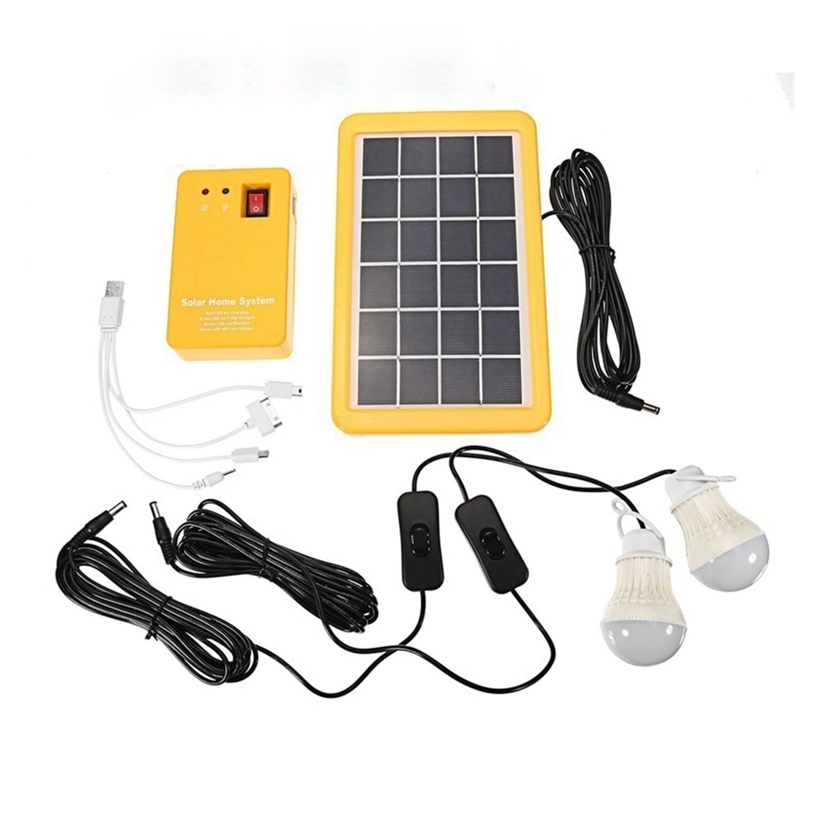 Solar Power Panel Generator Home System Kit with 3 LED Bulbs Solar Lamp Emergency Light 4 Heads USB Charging for Outdoor Garden(3W-2Bulb)