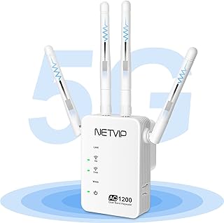 NETVIP AC1200 WiFi Extender with Ethernet Port, Dual Band (5GHz/ 867Mbps, 2.4GHz/300Mbps) WiFi Range Extender Booster Wireless Repeater, Coverage Up to 2500 sq.ft and 20 Devices, 4 External Antennas