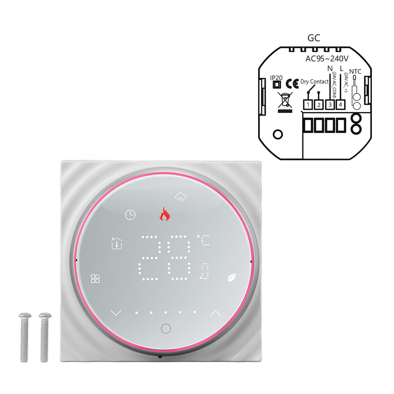 Cocoarm Inteligentny Termostat Termostat Bezprzewodowy AC 95 do 240 V PC Ekran LED ABS ± 1°C 41 do 95°F Programowalny 5 Plus 1 Plus dla Użytkowników Domowego Ogrzewania Elektrycznego (WHITE)