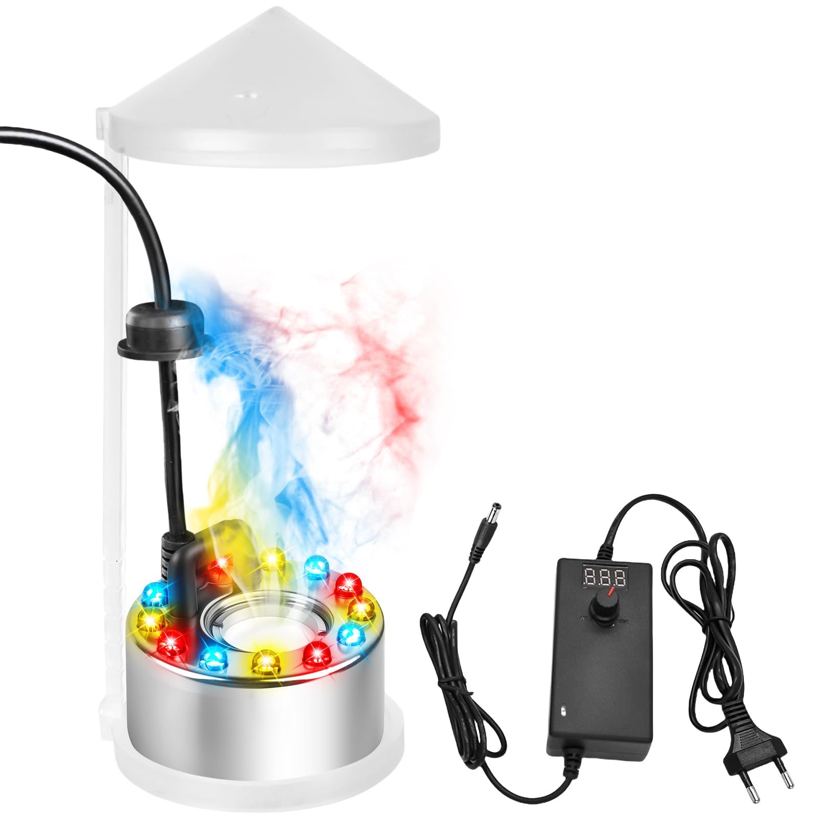 Nébuliseur à ultrasons, 24 V mini machine à fumée avec 12 LED Fogger, Brumisateur à Ultrasons, Mini Machine à Brouillard Fontaine à Brouillard Machine à Fumée pour Fontaine étang Brouillard Décoration
