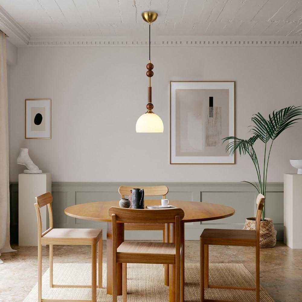 Nowoczesna lampa wisząca z połowy wieku vintage, półkopuła, klosz, lampa wisząca z drewnianymi akcentami, regulowana wysokość, oprawa żyrandolowa do jadalni, przy łóżku, wejściu (cylindryczna)