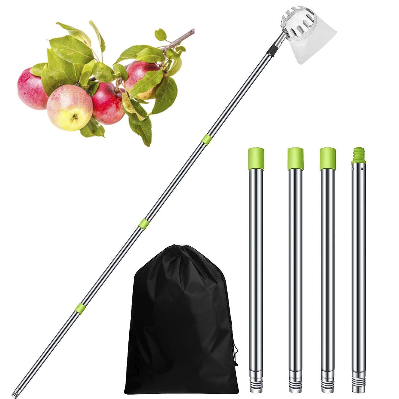 Raccogli Frutta,Raccoglitore Frutta Leggero con Asta di Estensione in Acciaio Inossidabile,Strumento per Raccogliere Frutta per Mela Pera Limone Avocado Arancia e più Frutta,1.6M/5.2FT