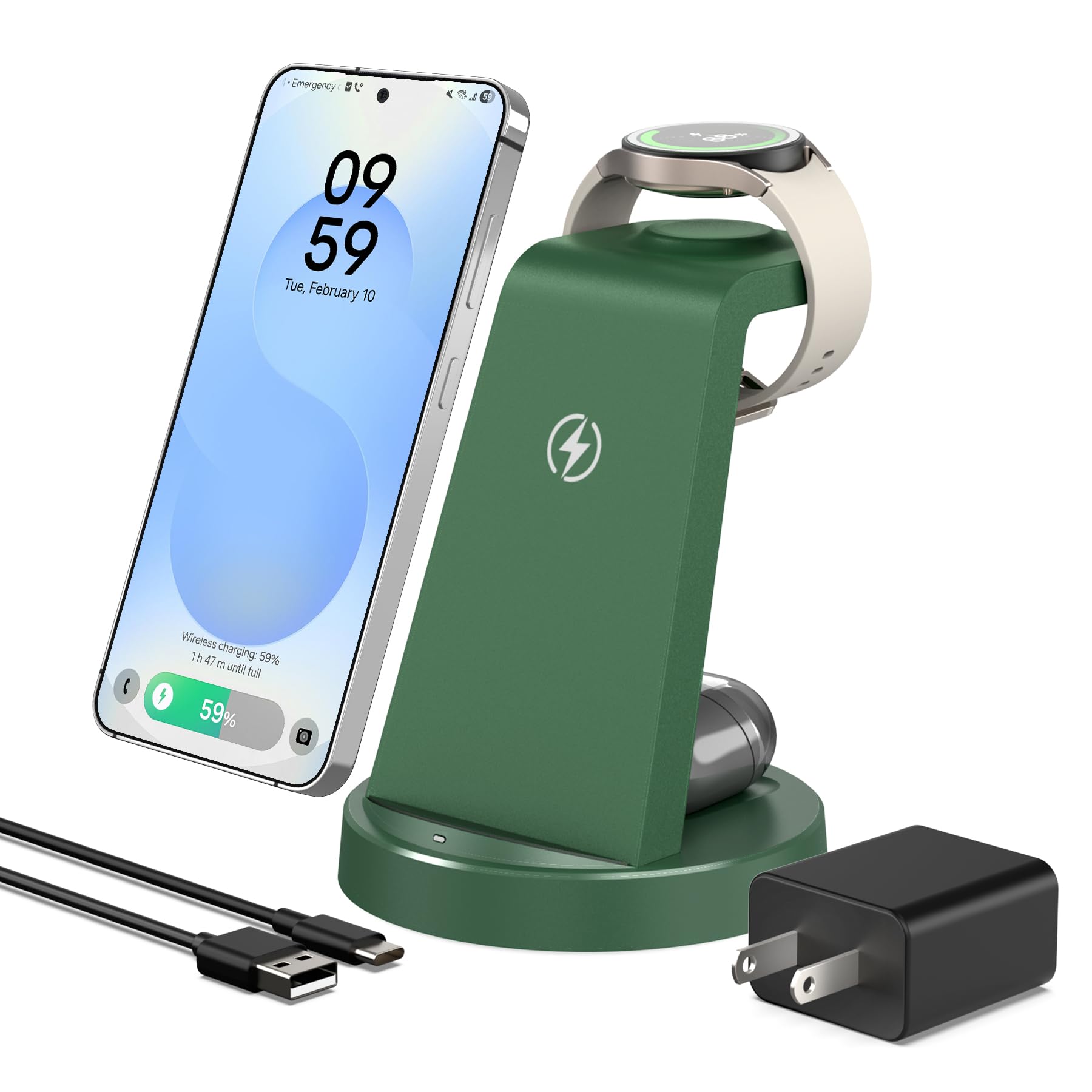 15W Fast Wireless Charger for Samsung: 3-in-1 Charging Station for Samsung S26/S25/S24/S23/S22, Note 20/10, Z Fold 6/5, Galaxy Buds 4/3/2 Pro, Galaxy Watch Ultra/8/7/6/5,Dark Green