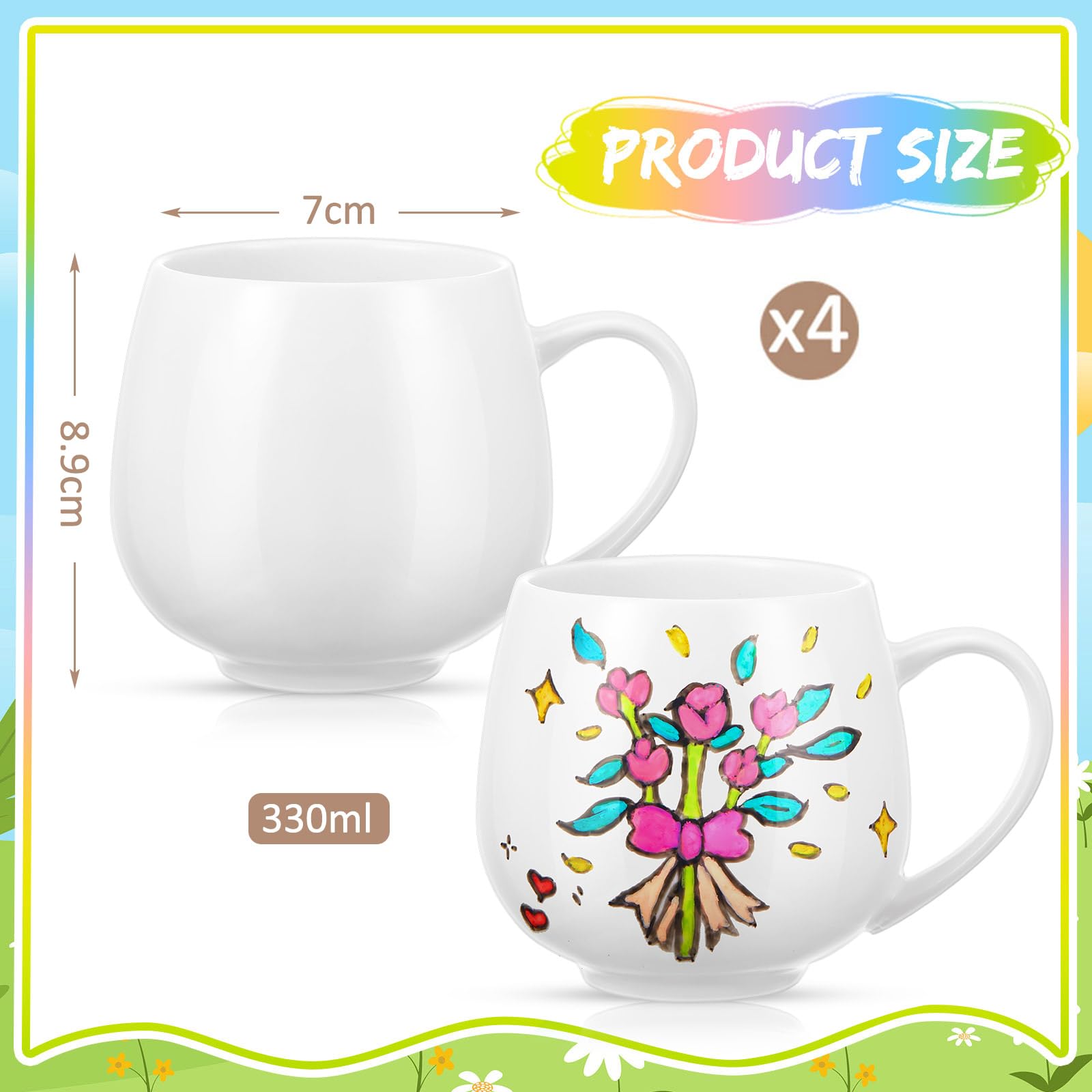 Geiserailie 4 Tazze Fai da te Verniciabili Kit 4 Tazze in Ceramica Vuote per Sublimazione 12 Pennarelli con 24 Colori Regalo Compleanno Natale Anniversario Festa della Mamma Pasqua(Elegante)