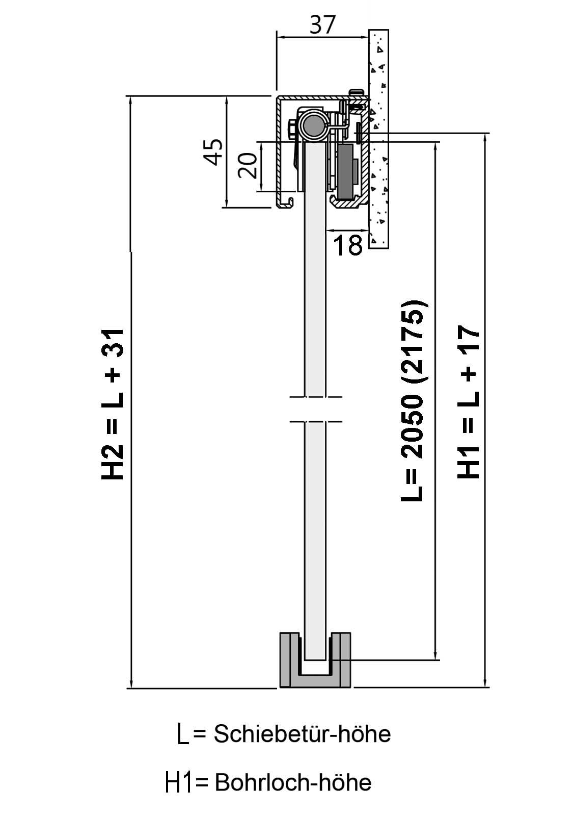 BP1-775-2-420-AS-DPL: Schiebetürsystem doppelflügelig ESG 2x775x2175x8mm Dekor P1, Siebdruck; Schienensystem ALU SlimLine SoftStop; Griffstange rund 420