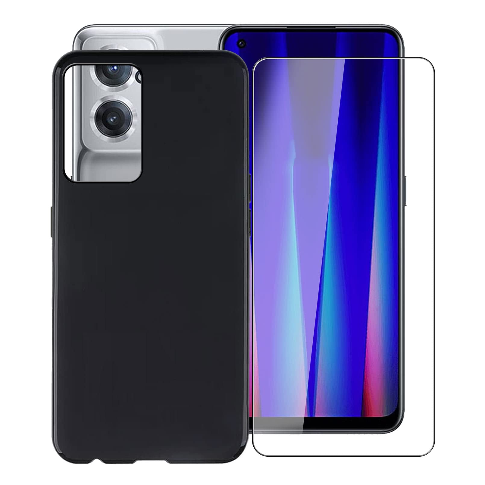 Case for OnePlus Nord CE 2 5G (6.43"), with [ 1 x Tempered Glass Protective Film], KJYF Black Soft Silicone Protective Cover Bumper Shockproof Phone Case for OnePlus Nord CE 2 5G - Black
