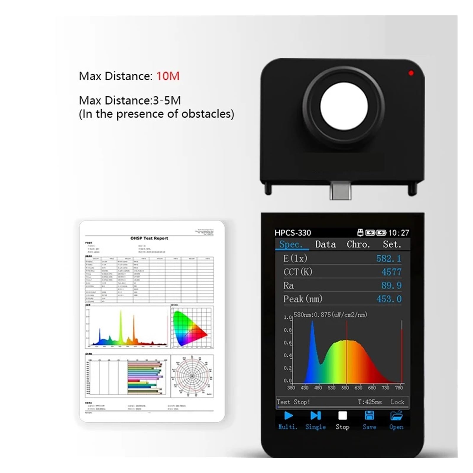 Spettrometro portatile portatile HPCS-330 a lunghezza d'onda 380-780nm, misuratore di luce CCT CRI ad alta precisione, analizzatore di spettro LED Ampia gamma di misurazione(HPCS300)